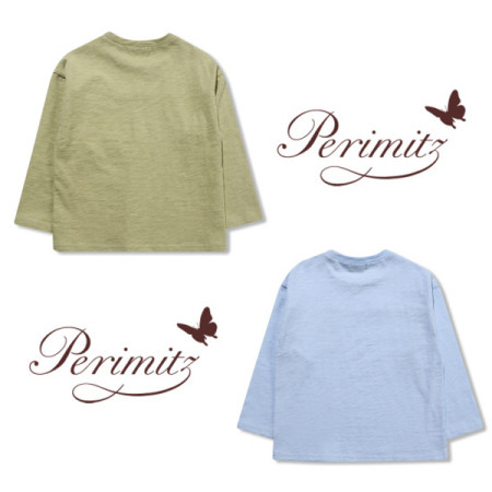 페리미츠 남아 베이직 라운드 면 포켓 테잎  슬럽 긴팔 티셔츠 P2015T512 스카이블루/라이트그린