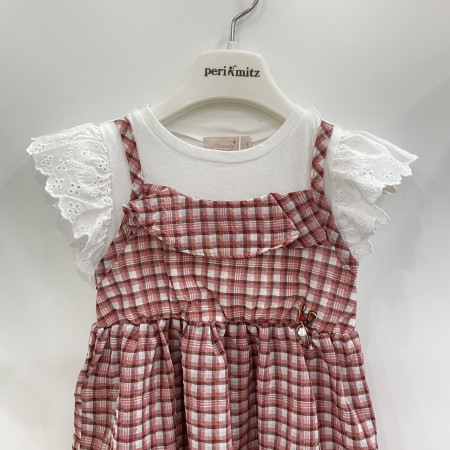 [페리미츠] 체크 믹스 반팔 여름 원피스 버건디 P2124O691