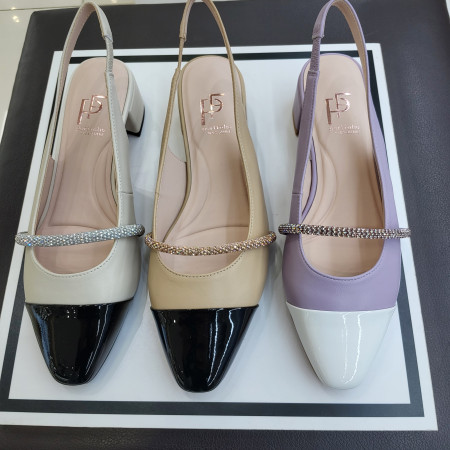 [행복한백화점][에스콰이아]3센치 넓은굽 포인트토  반짝이 줄장식 발편한 슬링백 