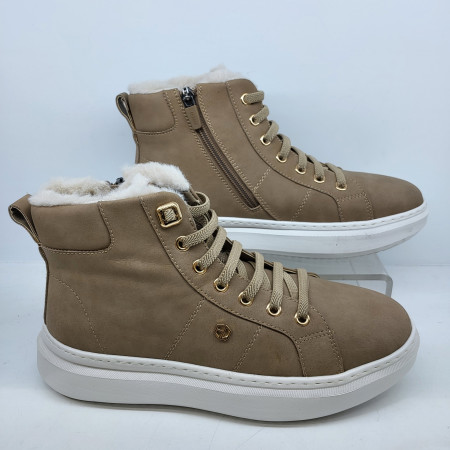 [행복한백화점][에스콰이아]특가 여성 베이지 밴딩스니커즈 천연가죽 경량 털부츠EQCWBS6