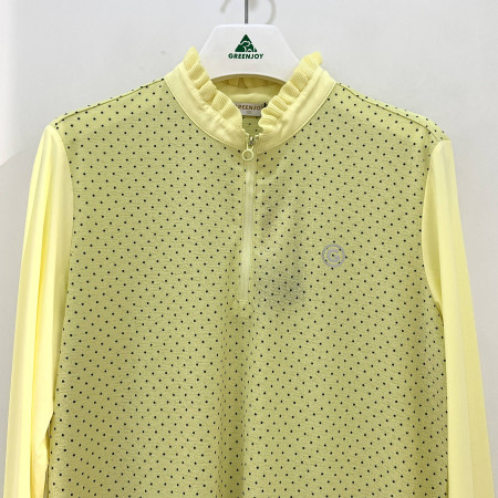 [행복한백화점][그린조이] 도트 프린트 배색 프릴카라 하프 집업 티셔츠 연노랑 여성 GP23KL52W