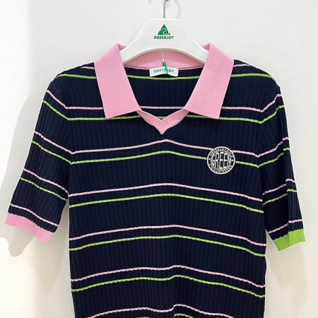 [행복한백화점][그린조이] 카라배색 스트라이프 카라 PK 니트 티셔츠 네이비 여성 GP23SP22W