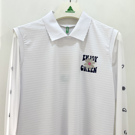 [행복한백화점][그린조이] 소매배색 솔리드 긴팔 카라 PK 기능성 티셔츠 화이트 여성 GP23KY26W