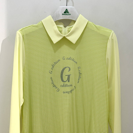 [행복한백화점][그린조이] 메쉬 스트라이프 배색 긴팔 카라 PK 티셔츠 라임 여성 GP23KY53W