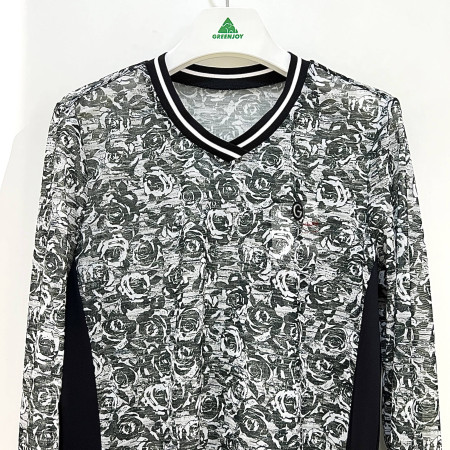 [행복한백화점][그린조이] 플라워 프린트 V넥 메쉬 긴팔 티셔츠 블랙 여성 GP22KR61W