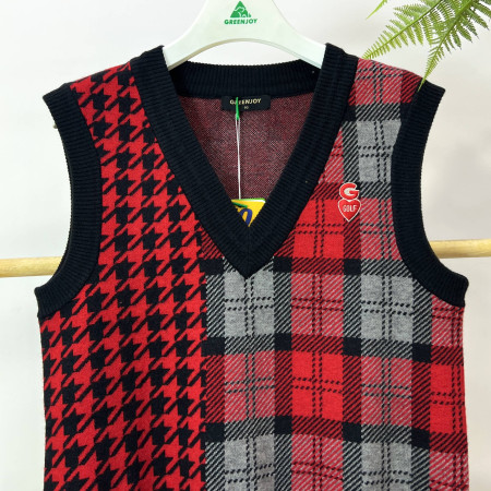[행복한백화점][그린조이] 체크 루즈핏 브이넥 니트 베스트 레드 여성 GF23SV21W