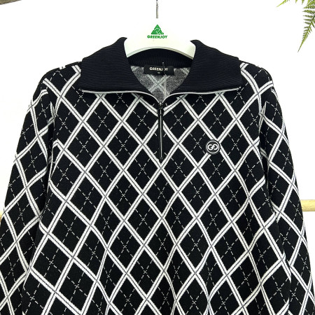 [행복한백화점][그린조이] 아가일 체크 반집업 니트 블랙 여성 스웨터 GF23SL54W