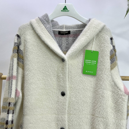 [행복한백화점][그린조이] 체크 패턴 배색 롱기장 후드 니트 가디건 베이지 여성 GF23SG83W