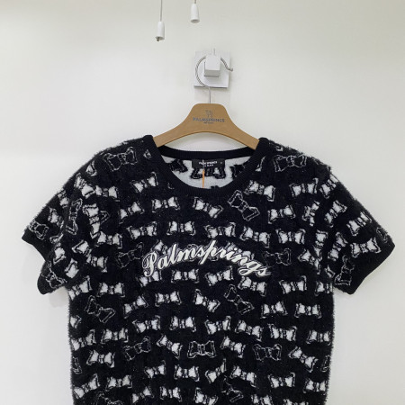 메탈사혼방 리본 쟈카드 라운드넥 반팔 니트 블랙 여성 SKRL214457