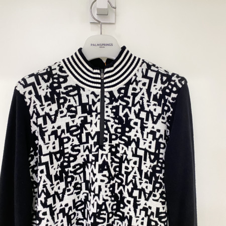 팜스프링스 전판 프린트 하이넥 반집업 방풍 니트 스웨터 블랙 여성 SKZL214452