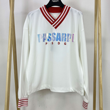 [행복한백화점][파사디]시보리 배색 V넥 긴팔 티셔츠 화이트 여성 P24STP101M