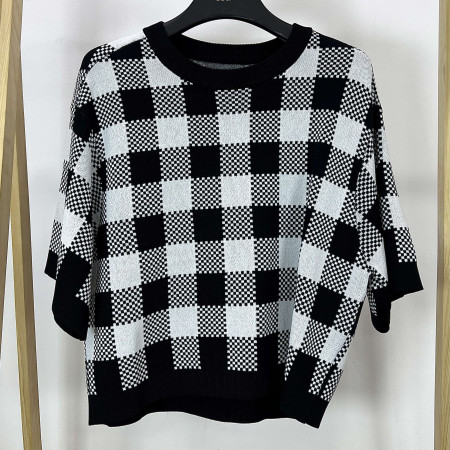 [행복한백화점][파사디]체크 라운드넥 반팔 셋업 니트 블랙 여성 P24SKP315S