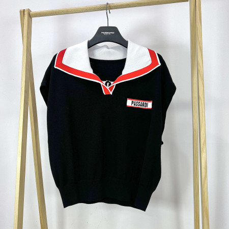 [행복한백화점][파사디]배색 와이드카라 로고 인타샤 니트 티셔츠 블랙 여성 P24SKV342M