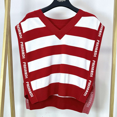 [행복한백화점][파사디]스트라이프 브이넥 니트 베스트 레드 여성 조끼 P24SKV343M