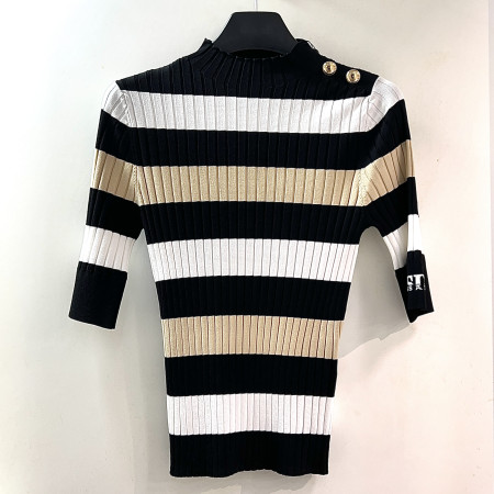 [행복한백화점][파사디]스트라이프 5부소매 풀오버 니트 티셔츠 블랙 여성 P25MKP367M