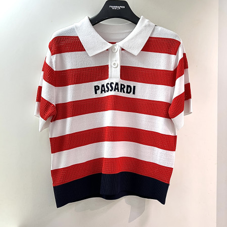 [행복한백화점][파사디]루즈핏 스트라이프 반팔 카라 니트 티셔츠 레드 여성 P25MKP365M