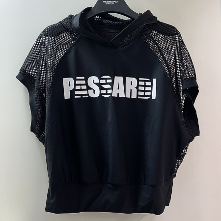 [행복한백화점][파사디]메쉬 배색 테이프 후드 베스트 티셔츠 블랙 여성 P25MTV195M