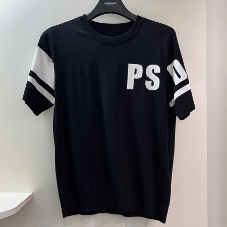 [행복한백화점][파사디]앞뒤 로고 배색 라운드 풀오버 반팔 니트 티셔츠 블랙 남성 Q25MKP261M