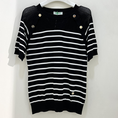 [행복한백화점][그린조이]스트라이프 메쉬 라운드 티셔츠 블랙 여성 GP23SR11W