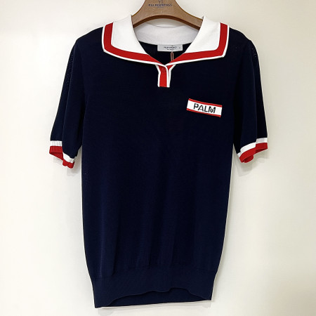 [행복한백화점][팜스프링스]카라 배색 반팔 니트 네이비 여성 SKTL252453